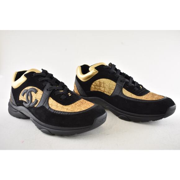 Chanel 19A Mens Black Gold Croc Suede CC Logo Low Top Trainer Sneaker 44 11 - Picture 4 of 14